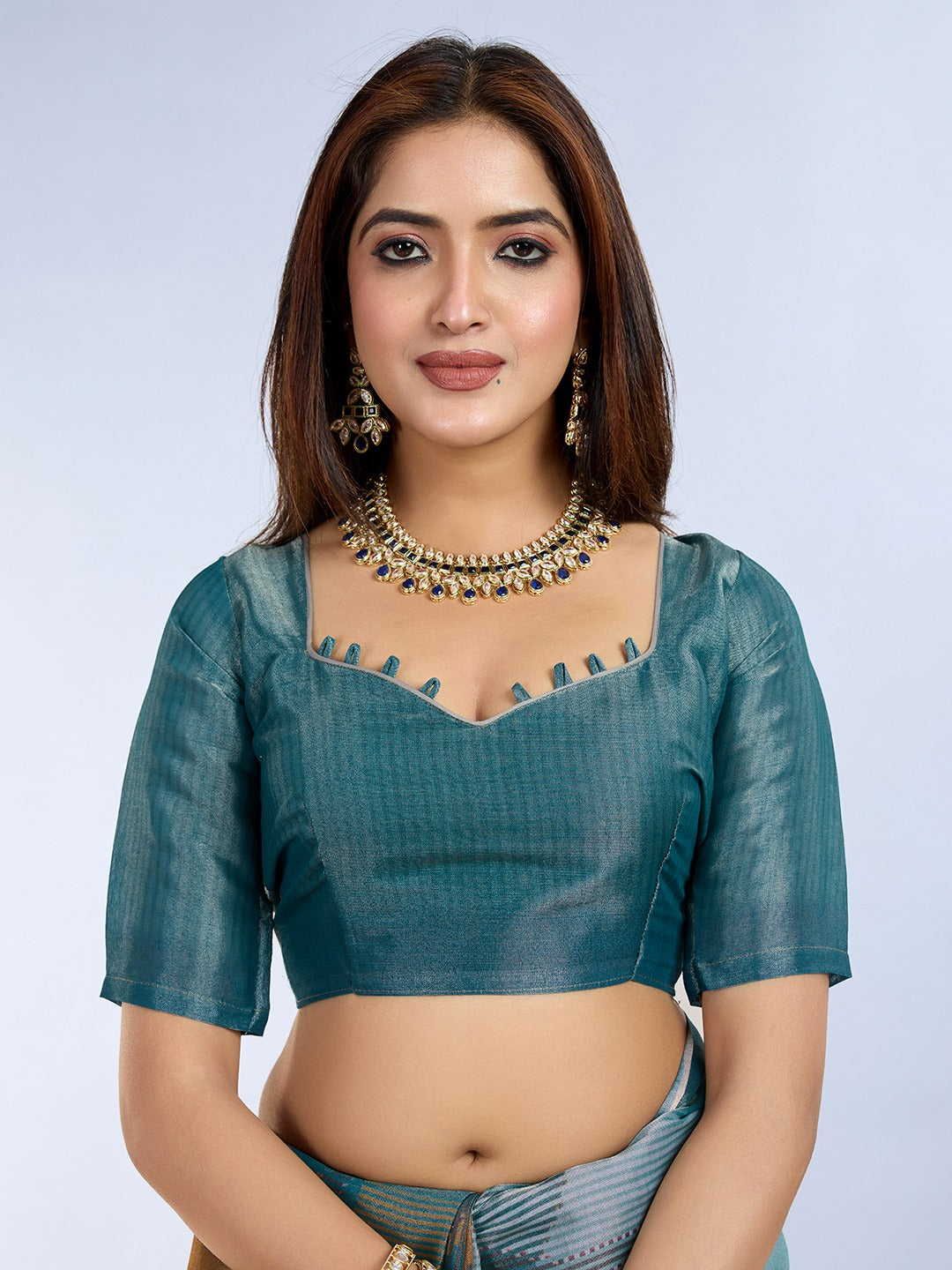 Teal Geometric Printed Erode Anmol Silk Saree with Tassel Pallu