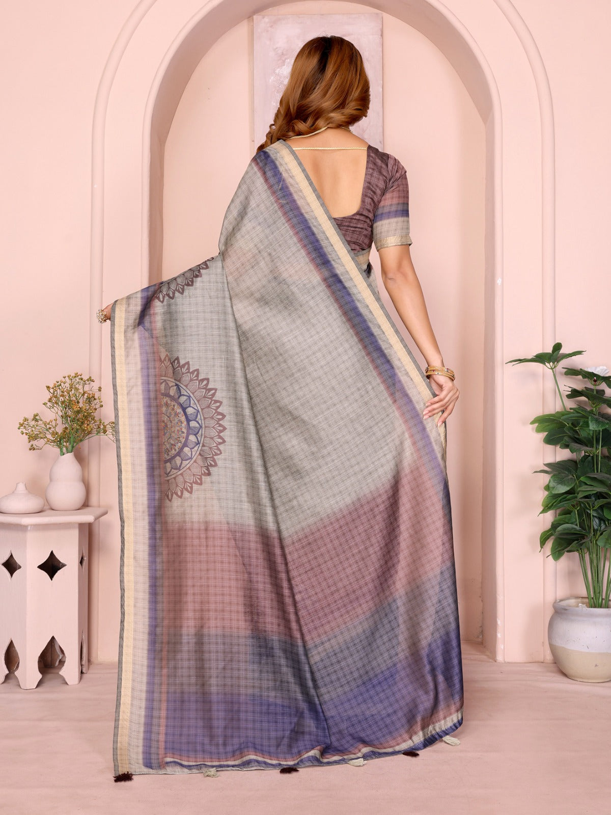 Grey Checked Black Chanderi Saree with Mandala Motifs, Golden Border & Designer Blouse Piece