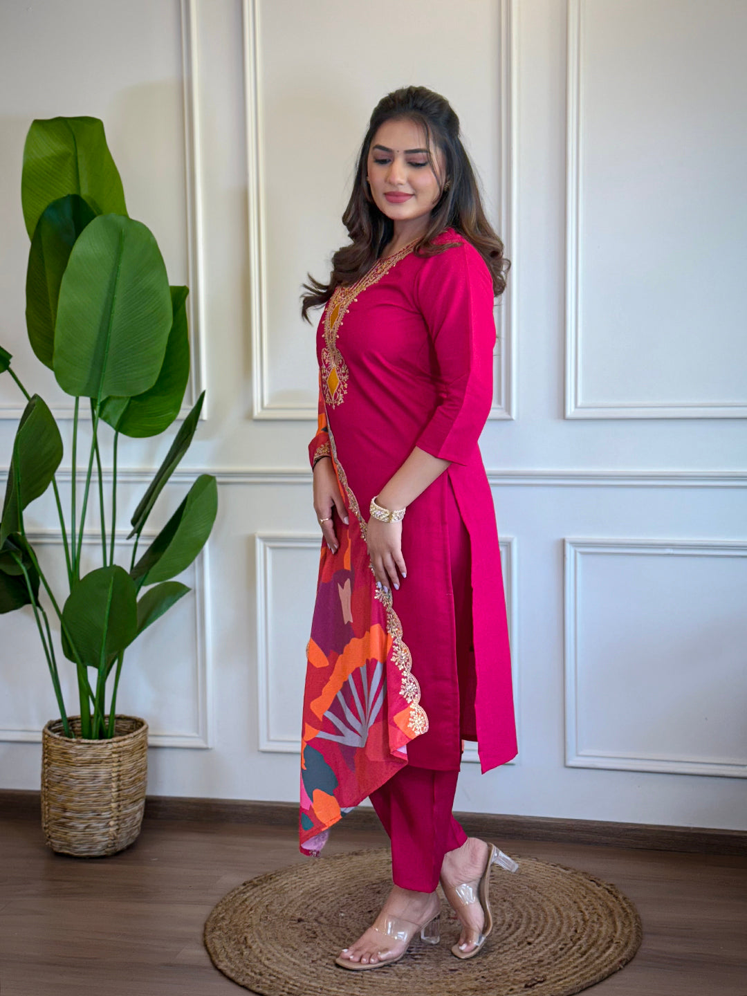 Red Chanderi Embroidered Straight Kurta Set with Pant & Crepe Silk Dupatta