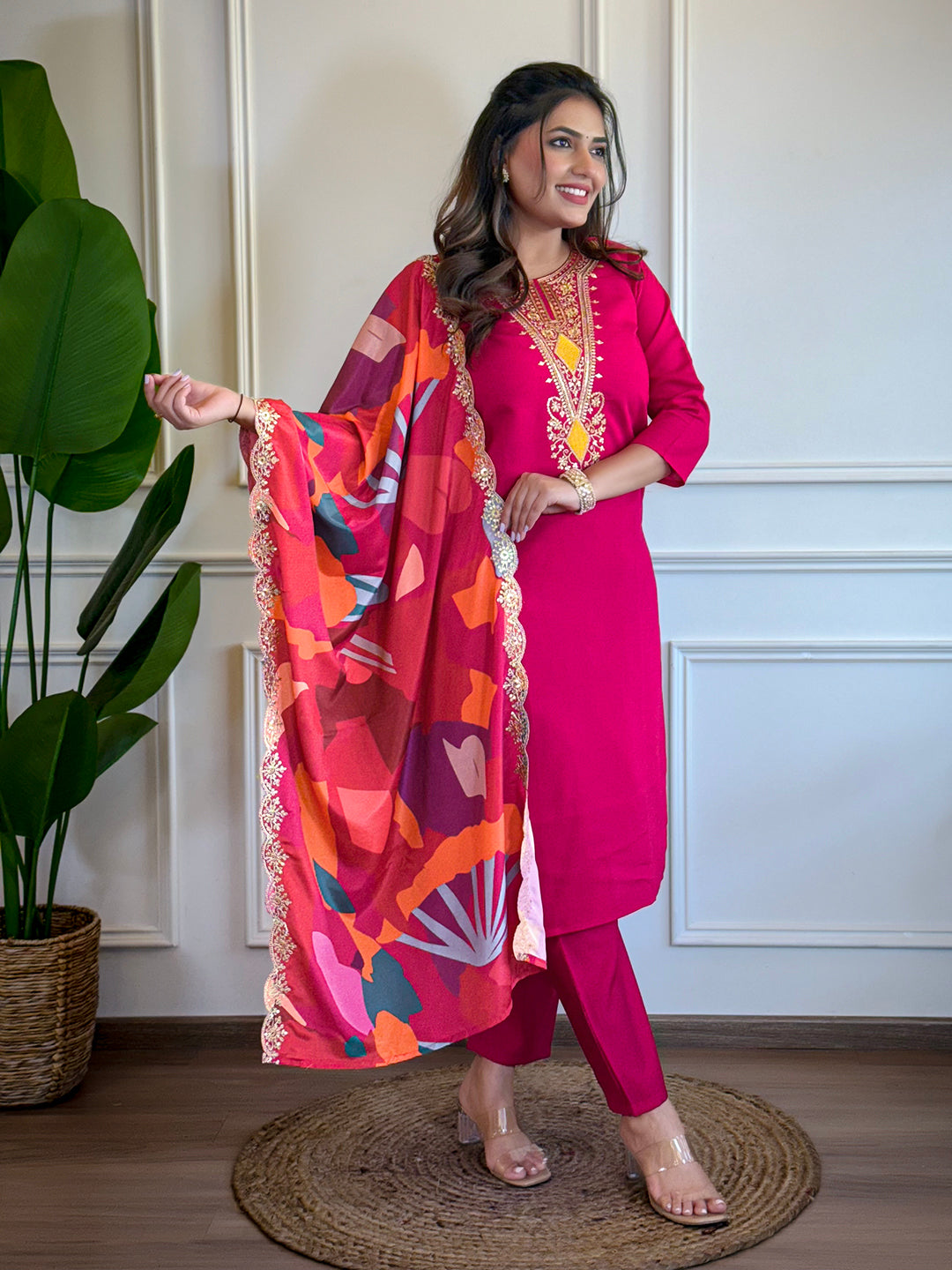 Red Chanderi Embroidered Straight Kurta Set with Pant & Crepe Silk Dupatta