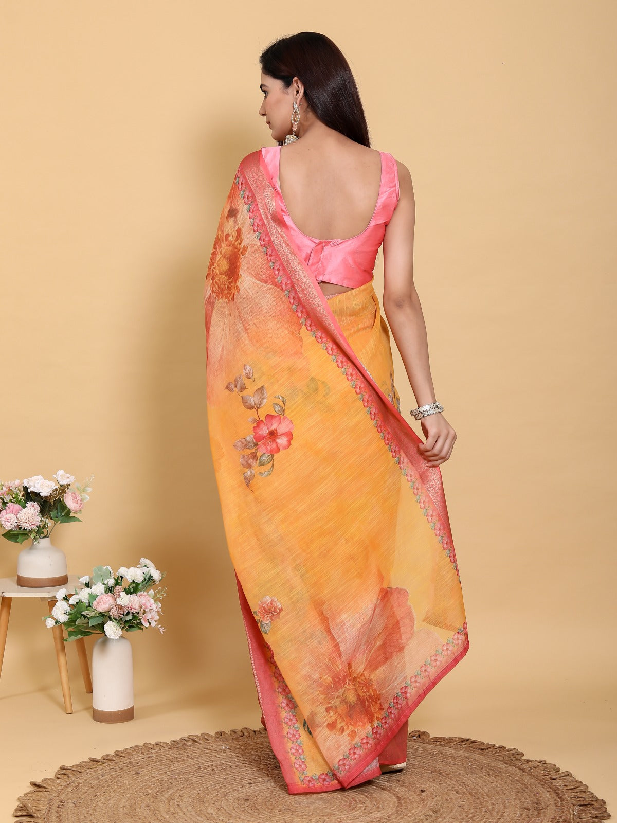 Vibrant Sunshine Yellow Floral Print Jacquard Patta Linen Cotton Saree with Rani Pink Border & Designer Blouse Piece
