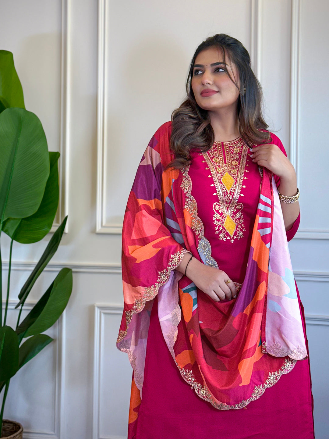 Red Chanderi Embroidered Straight Kurta Set with Pant & Crepe Silk Dupatta