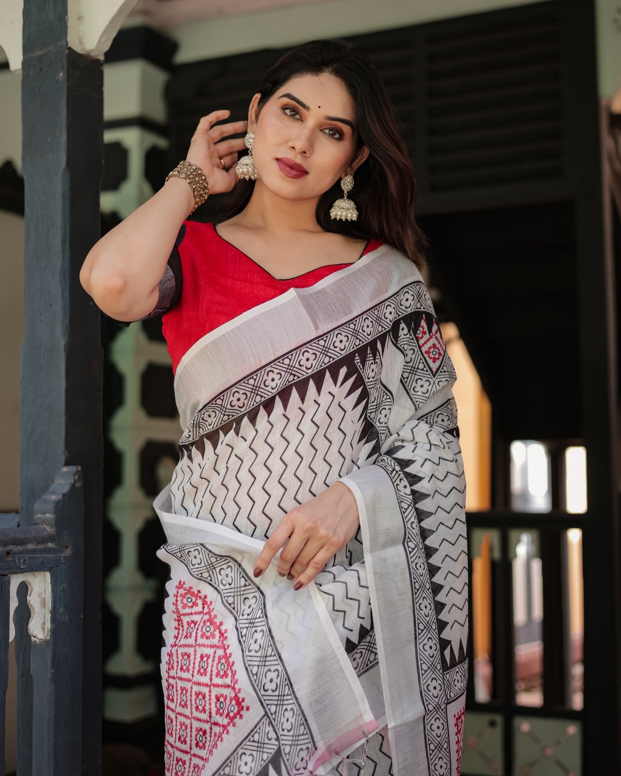 Off-White Linen Cotton Saree with Black Zigzag & Red Geometric Print, Silver Zari Border & Designer Blouse Piece