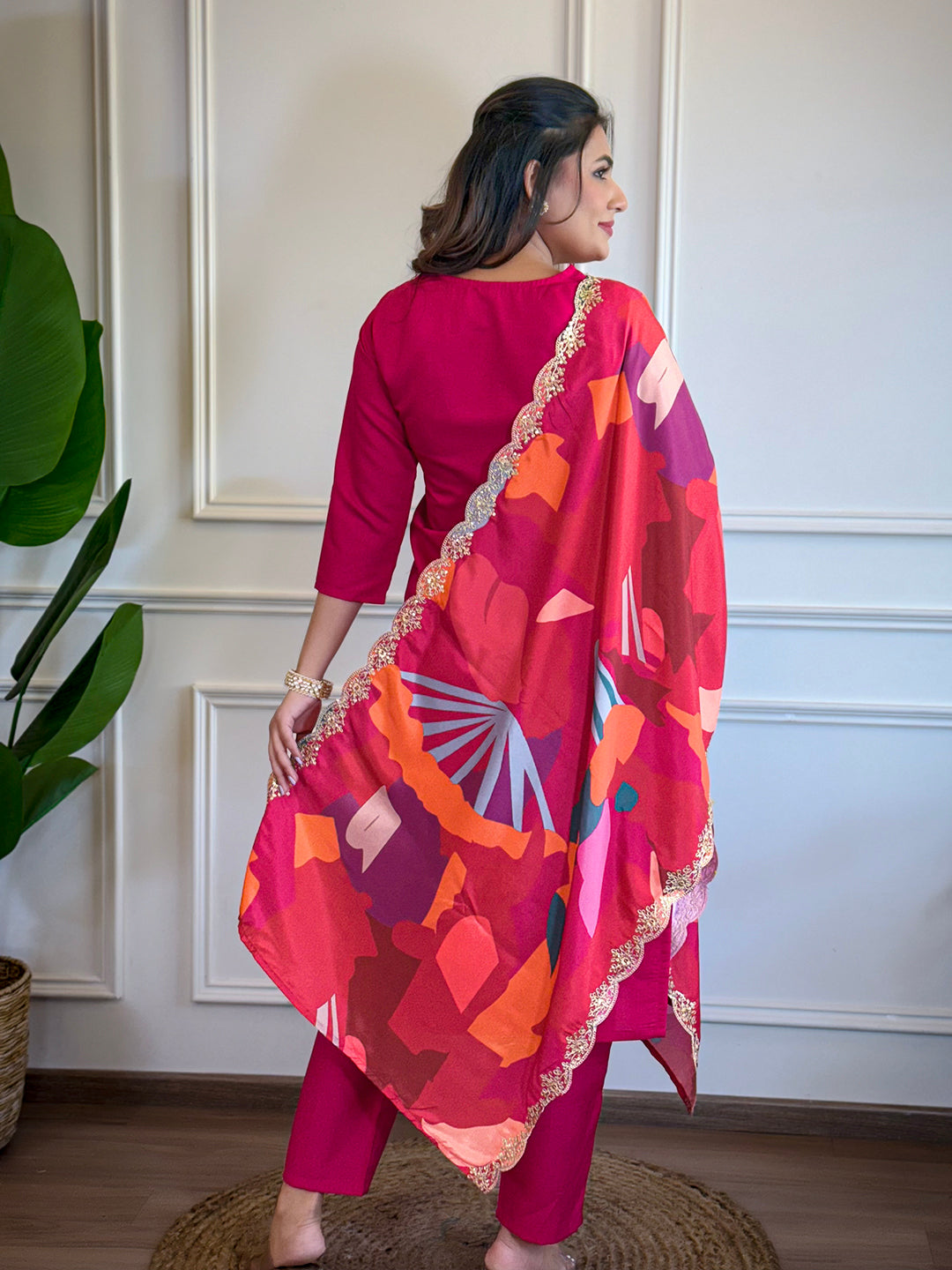 Red Chanderi Embroidered Straight Kurta Set with Pant & Crepe Silk Dupatta