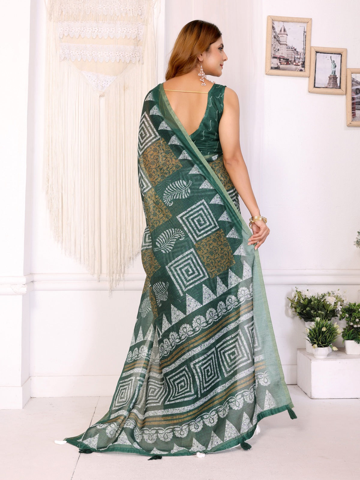 Bottle Green Chanderi Saree with White & Mustard Geometric Digital Print & Designer Blouse Piece