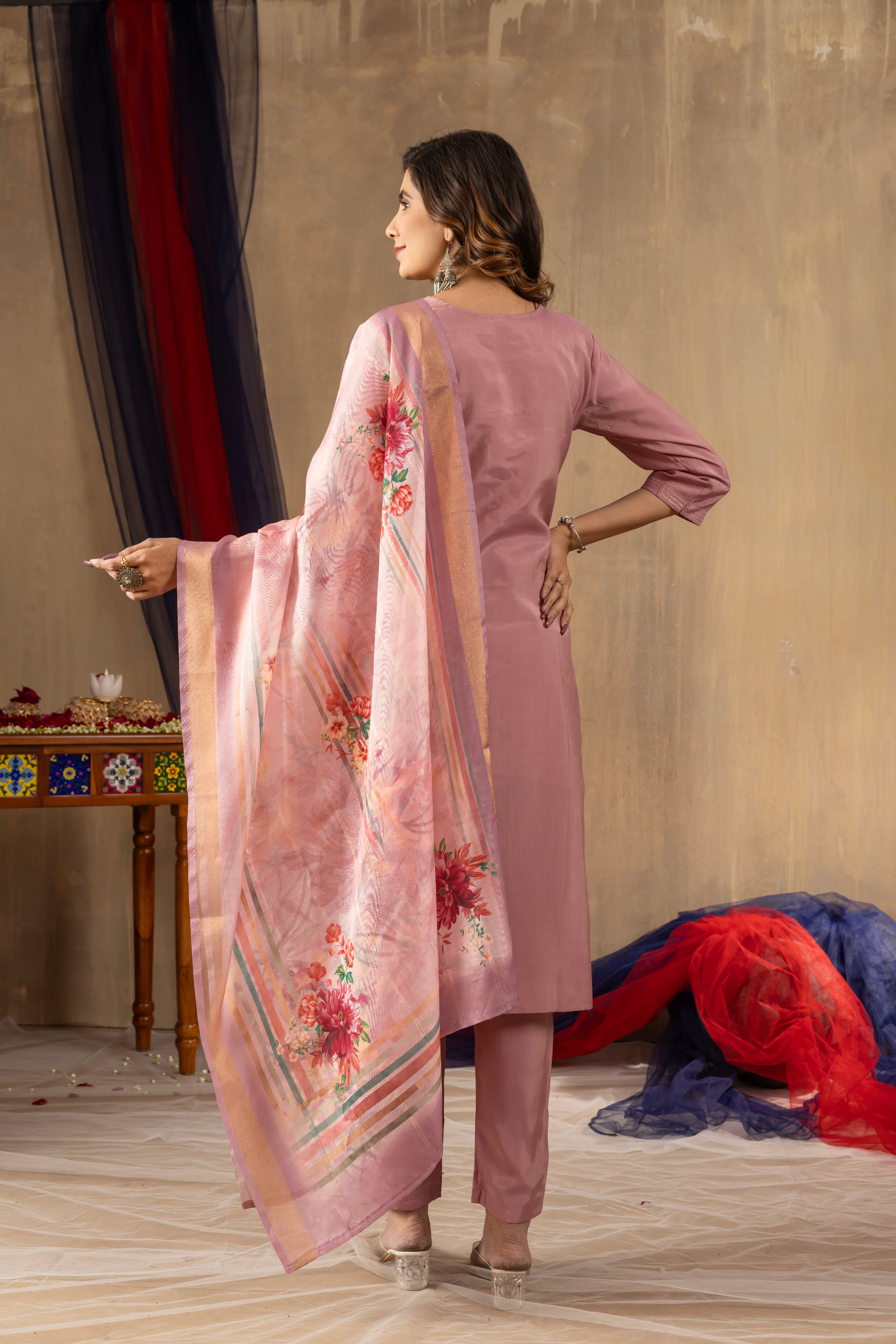 Shimmer Gold Silk Embroidered Kurti Pant Dupatta Set – 3 Piece Ethnic Suit
