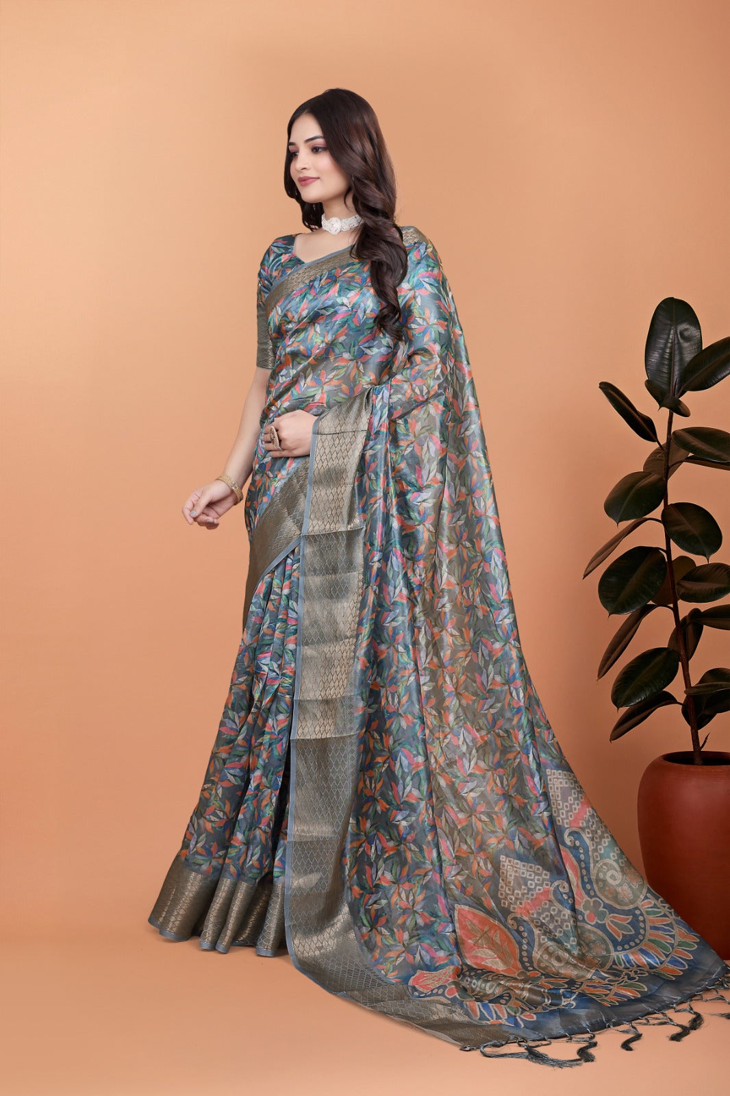 Grey & Multicolor Soft Silk Saree with Ethnic Pallu, Zari-Style Border & Designer Blouse Piece