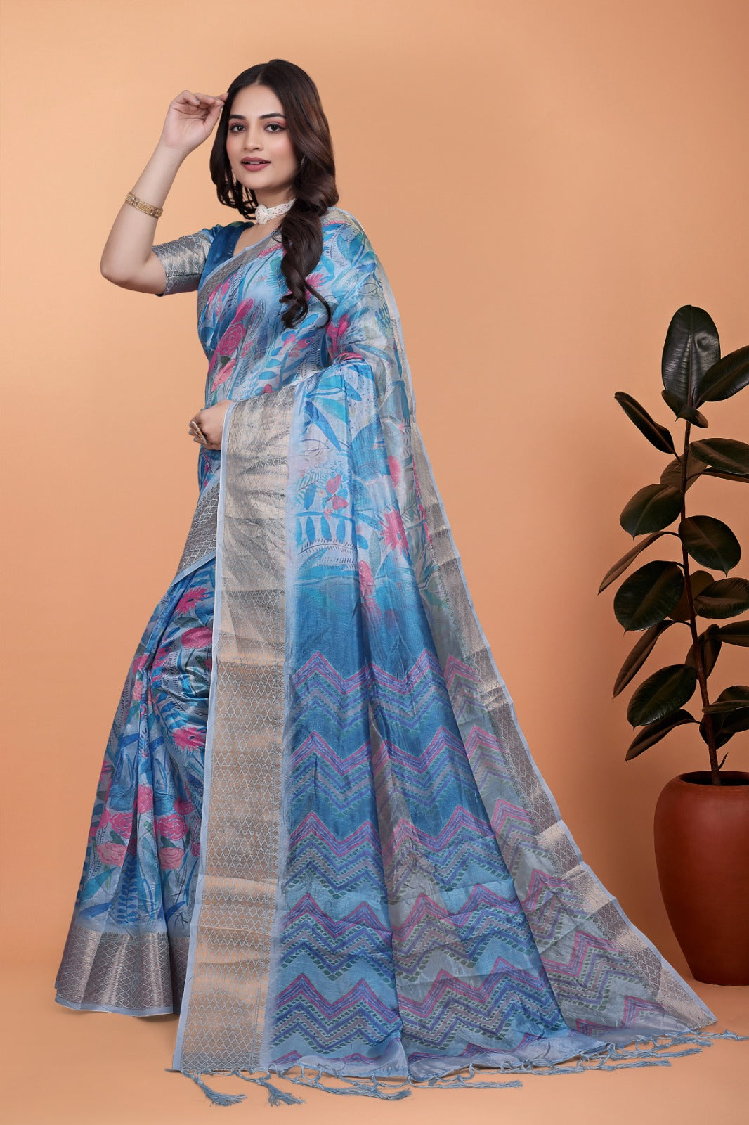 Sky Blue Floral Printed Soft Silk Saree with Zari Border and Chevron Pallu