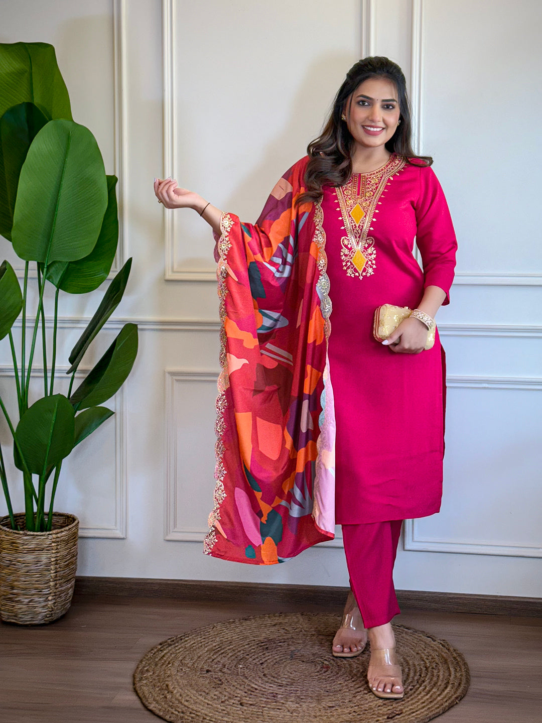 Red Chanderi Embroidered Straight Kurta Set with Pant & Crepe Silk Dupatta