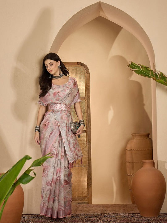 Off-White Pastel Pink & Grey Floral Digital Print Linen Cotton Saree