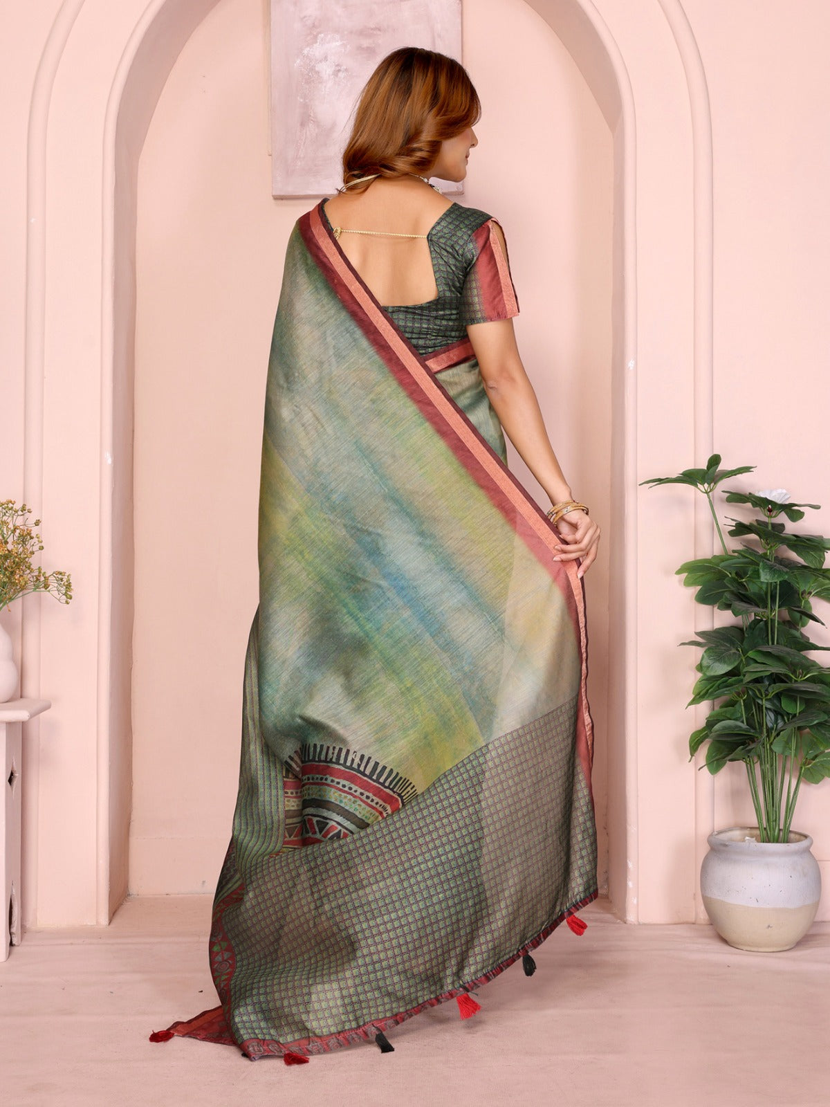 Green & Maroon Black Chanderi Saree with Tribal & Geometric Prints, Maroon Border & Designer Blouse Piece