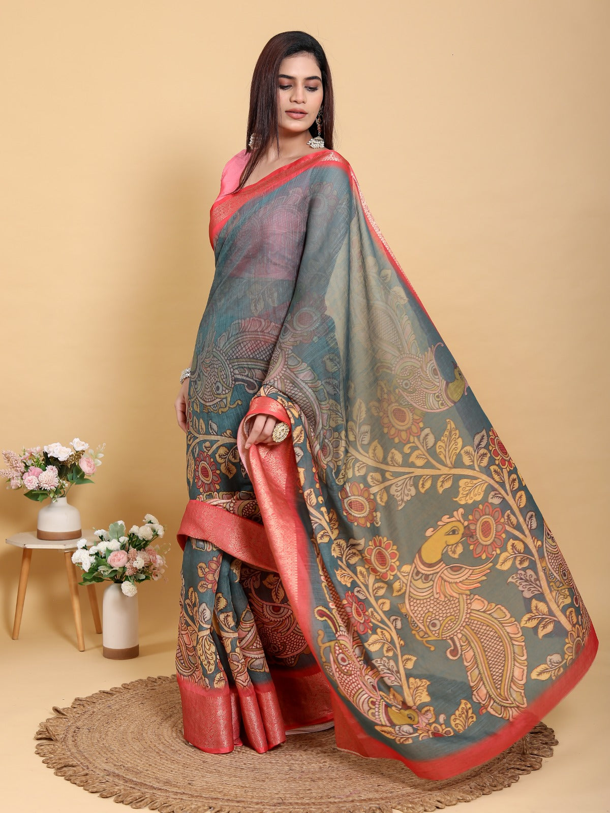 Elegant Peacock & Floral Kalamkari Design Linen Cotton Saree with Jacquard Border