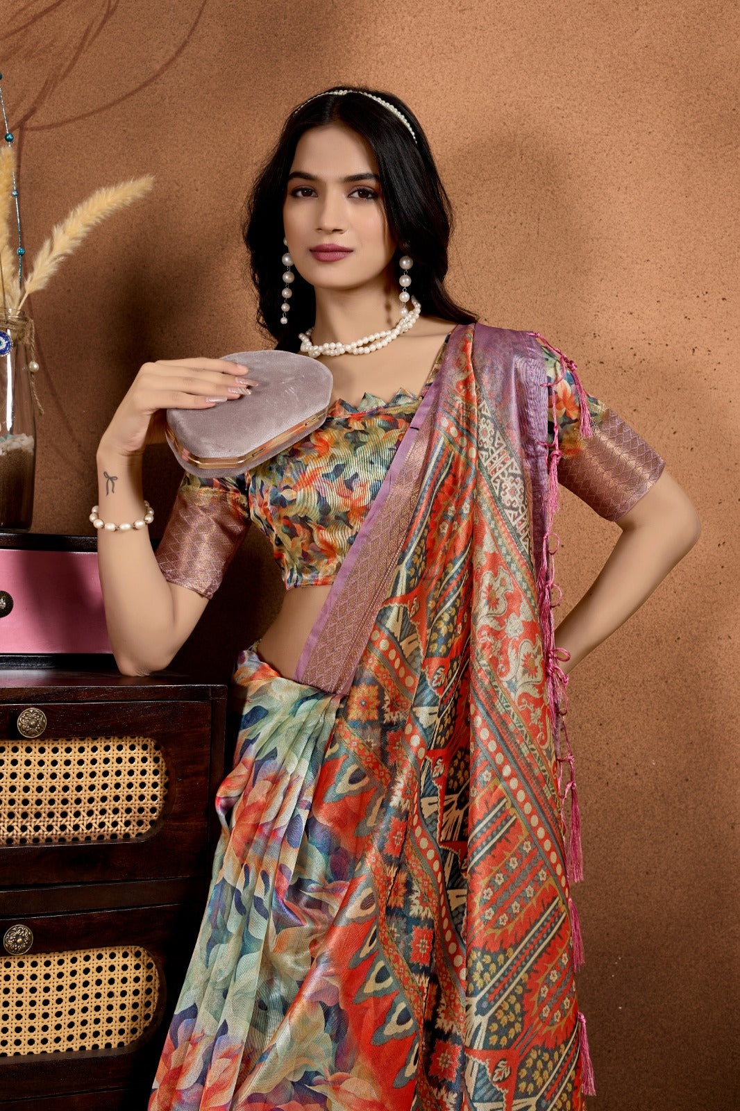 Multicolor Soft Silk Saree with Ethnic Motif Pallu and Lavender Zari Border