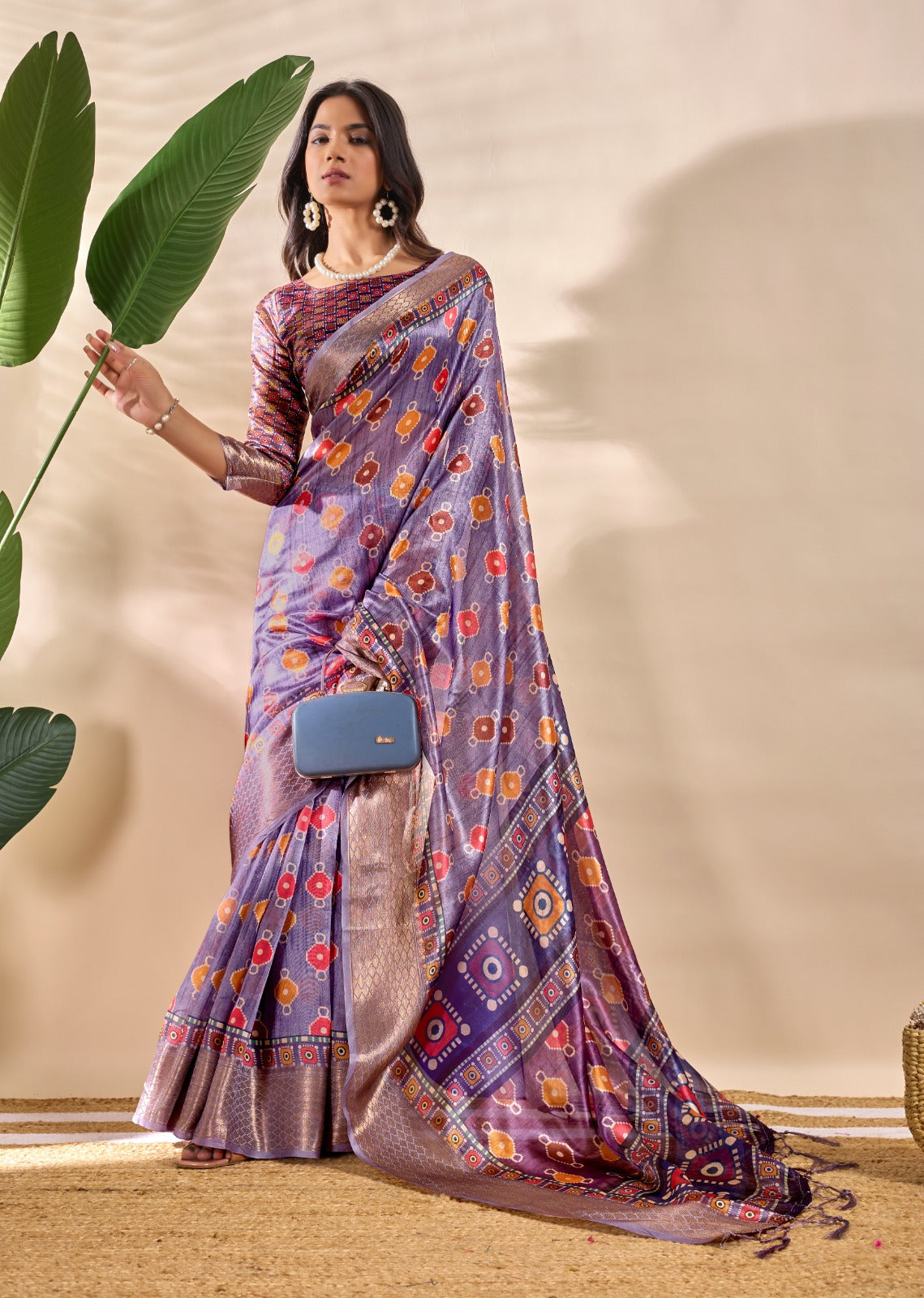 Patola-Inspired Purple Soft Silk Saree with Geometric & Floral Motifs, Golden Zari Border & Designer Blouse Piece