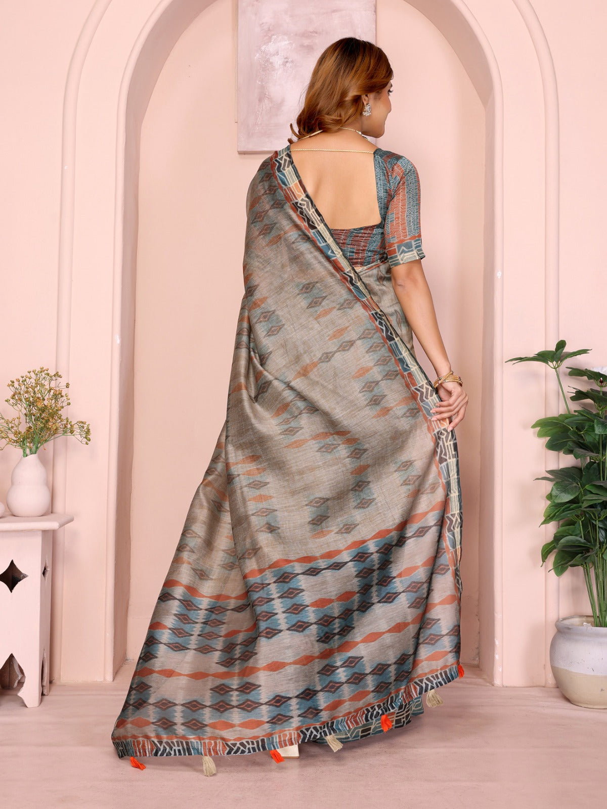 Grey & Rust Patterned Black Chanderi Saree with Geometric Pallu and Tassels