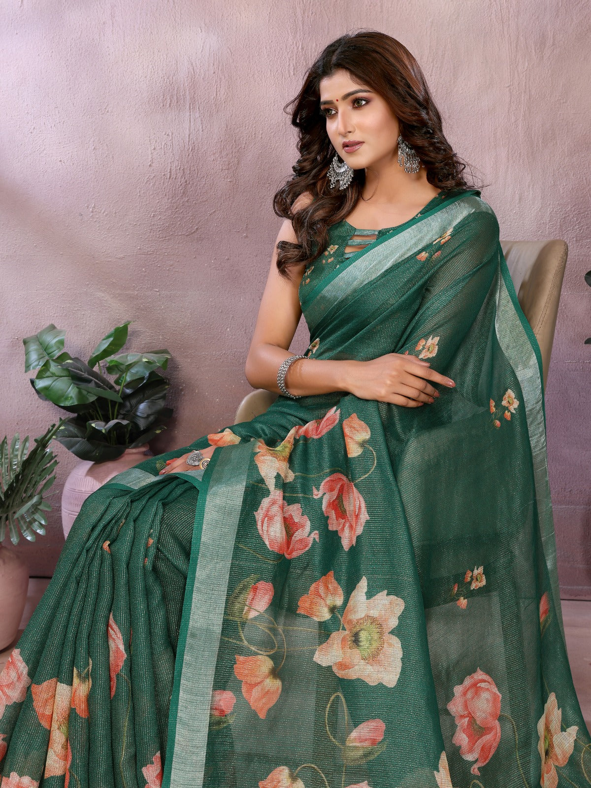 Green Floral Linen Shimmer Saree with Pastel Prints