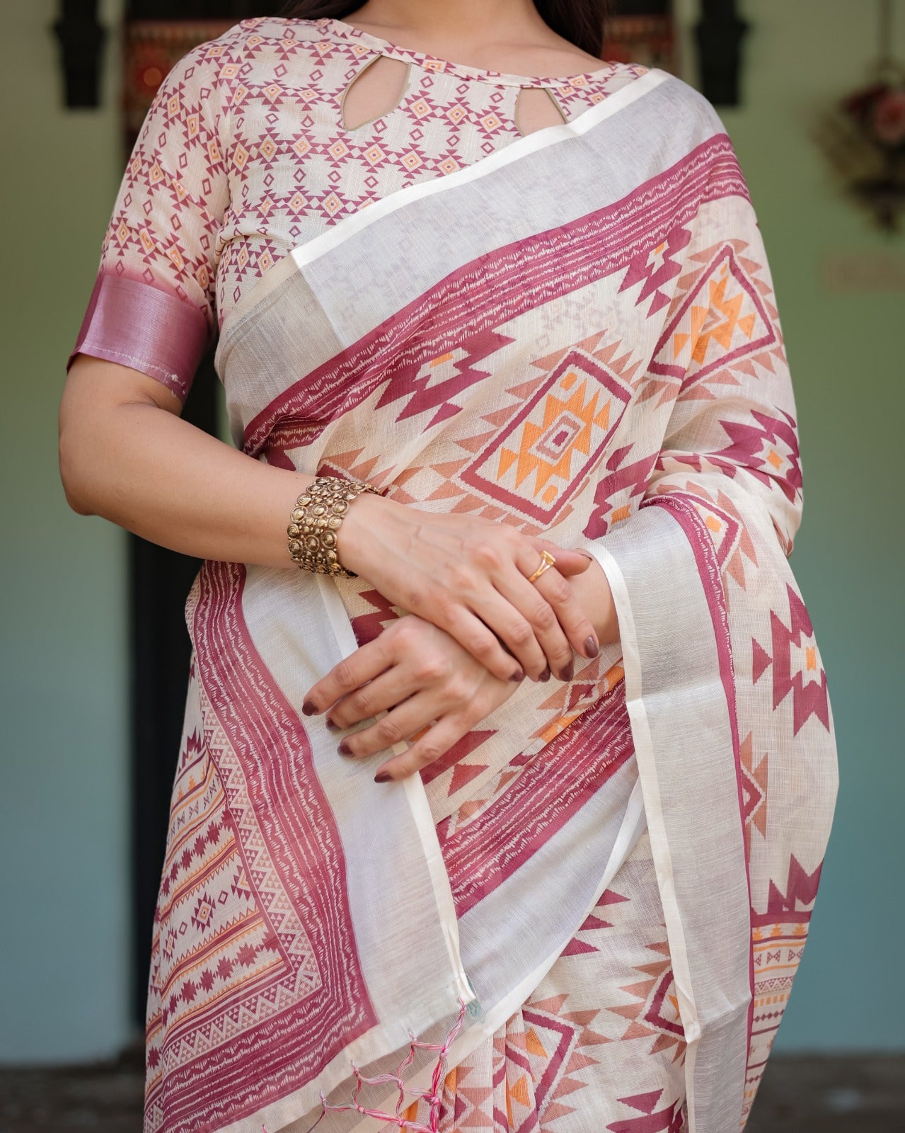 Off-White Linen Cotton Saree with Maroon Ikat Geometric Print, Silver Zari Border & Designer Blouse Piece