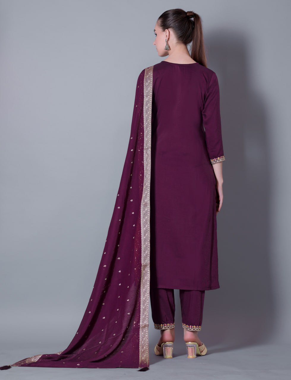 Silk Blend Embroidered Kurta, Pant & Jacquard Dupatta Set | Fully Stitched | Premium Ethnic Wear