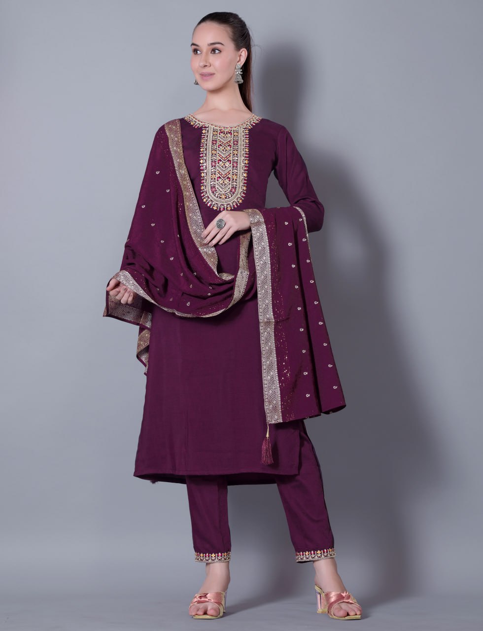 Silk Blend Embroidered Kurta, Pant & Jacquard Dupatta Set | Fully Stitched | Premium Ethnic Wear