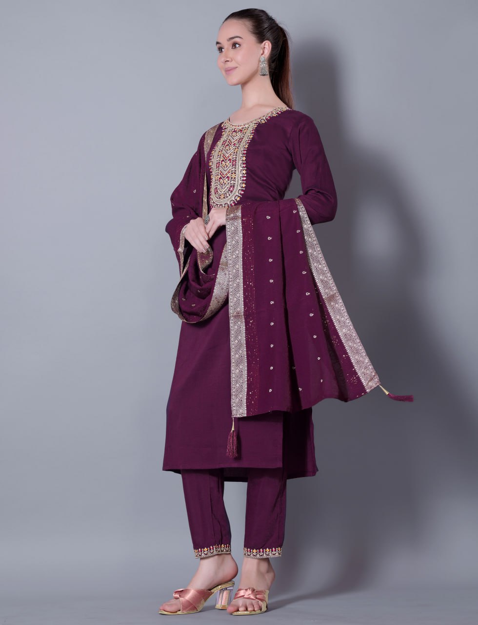 Silk Blend Embroidered Kurta, Pant & Jacquard Dupatta Set | Fully Stitched | Premium Ethnic Wear
