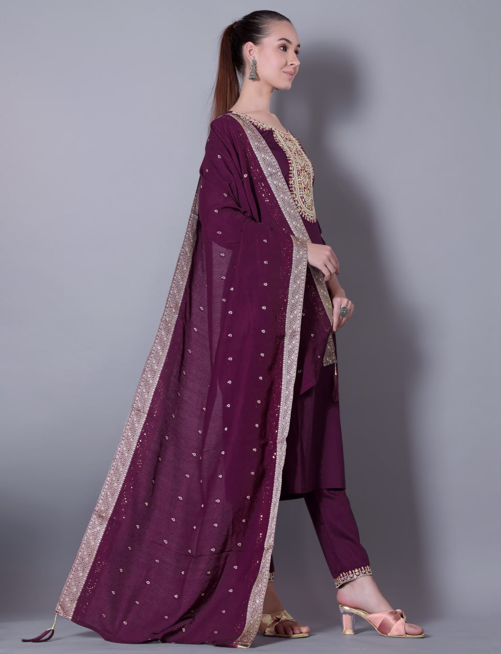 Silk Blend Embroidered Kurta, Pant & Jacquard Dupatta Set | Fully Stitched | Premium Ethnic Wear