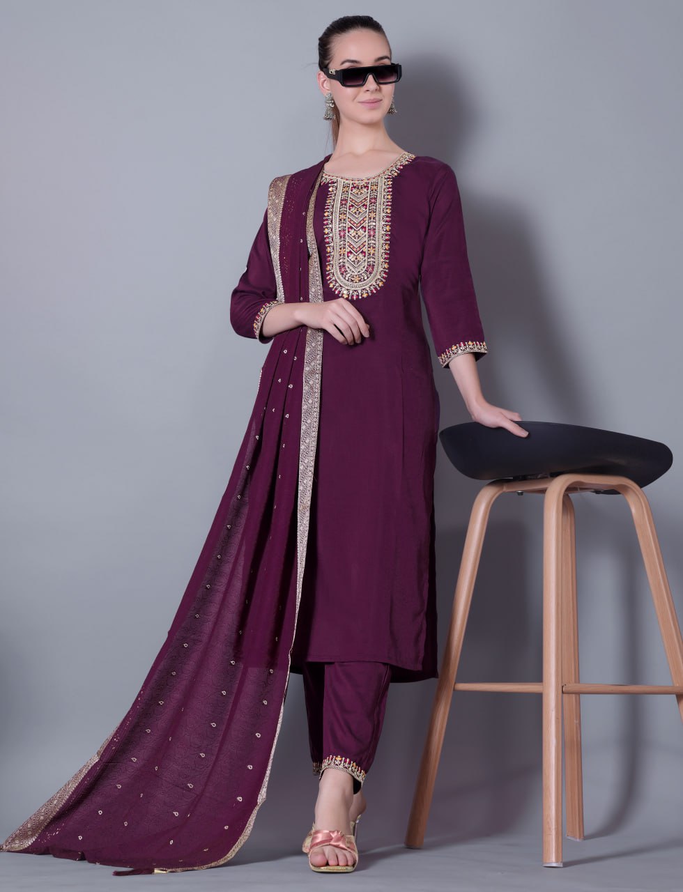 Silk Blend Embroidered Kurta, Pant & Jacquard Dupatta Set | Fully Stitched | Premium Ethnic Wear