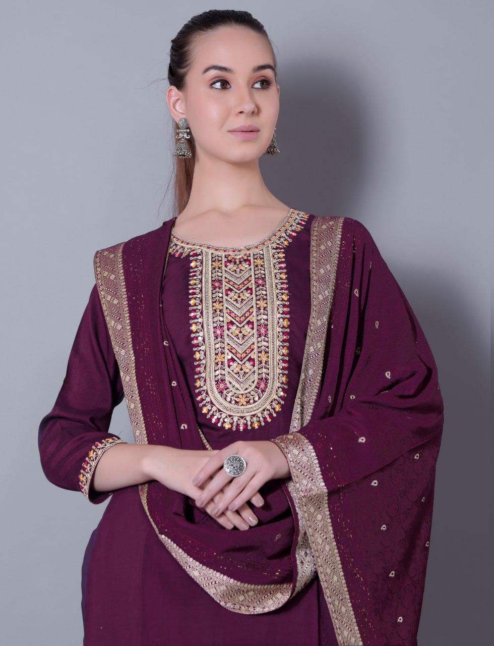 Silk Blend Embroidered Kurta, Pant & Jacquard Dupatta Set | Fully Stitched | Premium Ethnic Wear