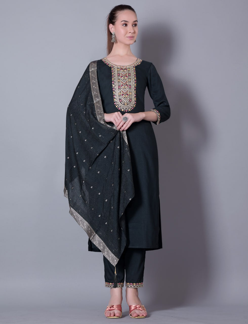 Silk Blend Embroidered Kurta, Pant & Jacquard Dupatta Set | Fully Stitched | Premium Ethnic Wear