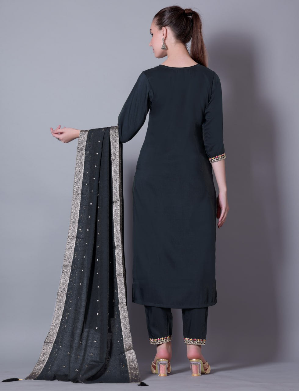 Silk Blend Embroidered Kurta, Pant & Jacquard Dupatta Set | Fully Stitched | Premium Ethnic Wear