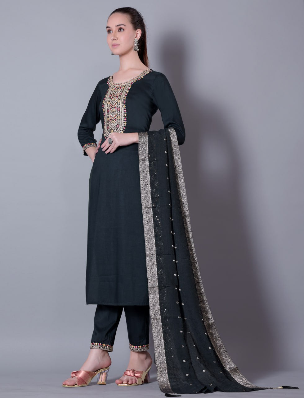 Silk Blend Embroidered Kurta, Pant & Jacquard Dupatta Set | Fully Stitched | Premium Ethnic Wear
