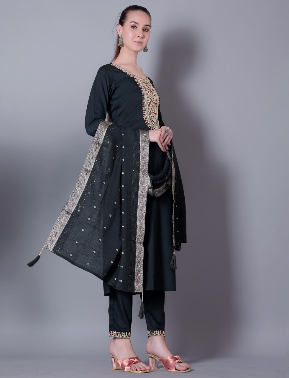 Silk Blend Embroidered Kurta, Pant & Jacquard Dupatta Set | Fully Stitched | Premium Ethnic Wear