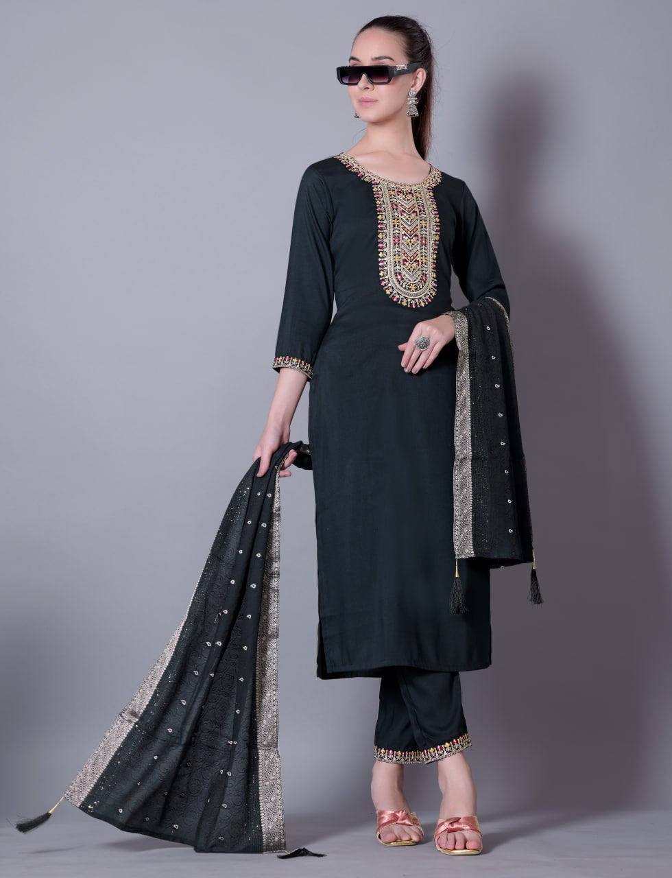 Silk Blend Embroidered Kurta, Pant & Jacquard Dupatta Set | Fully Stitched | Premium Ethnic Wear