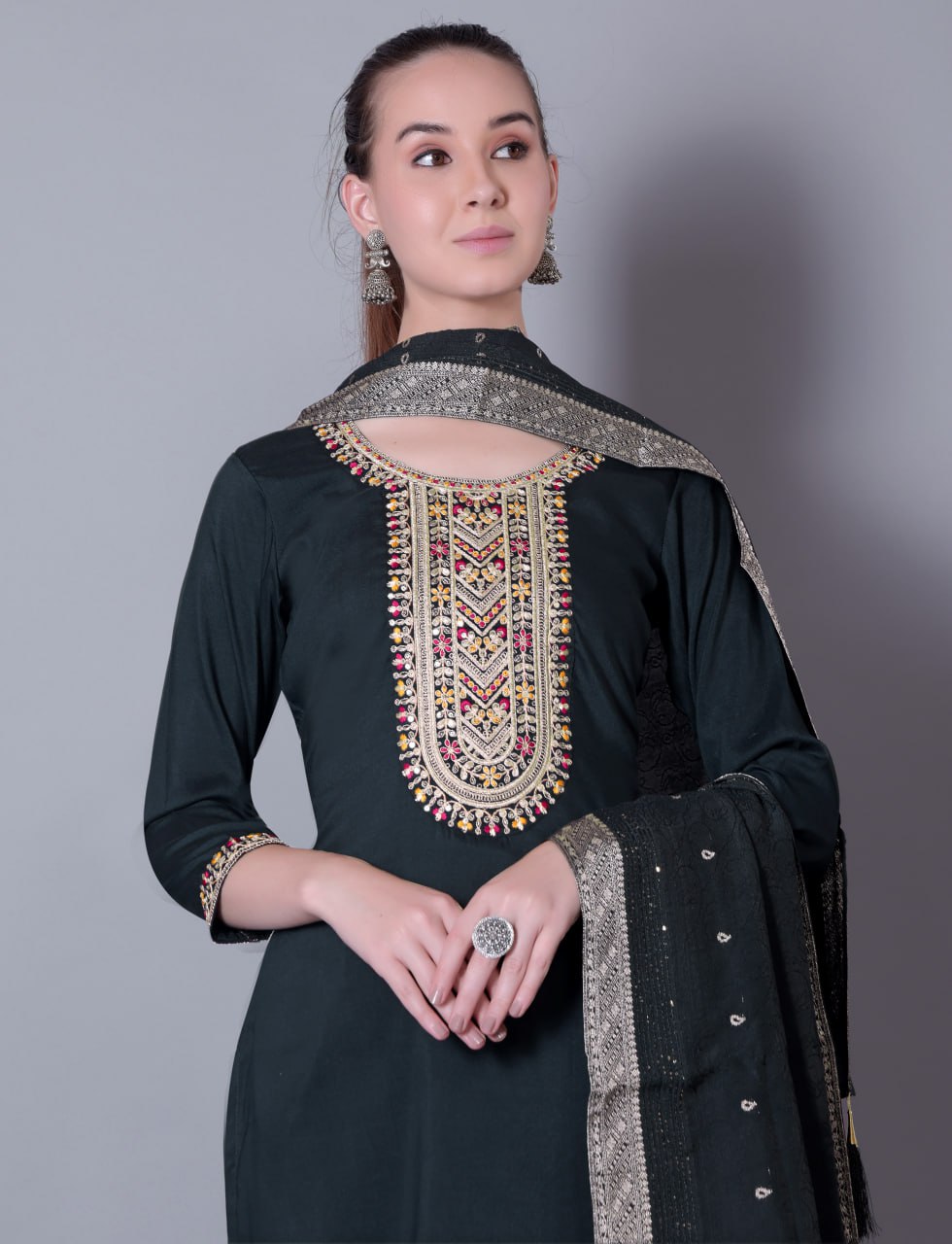 Silk Blend Embroidered Kurta, Pant & Jacquard Dupatta Set | Fully Stitched | Premium Ethnic Wear