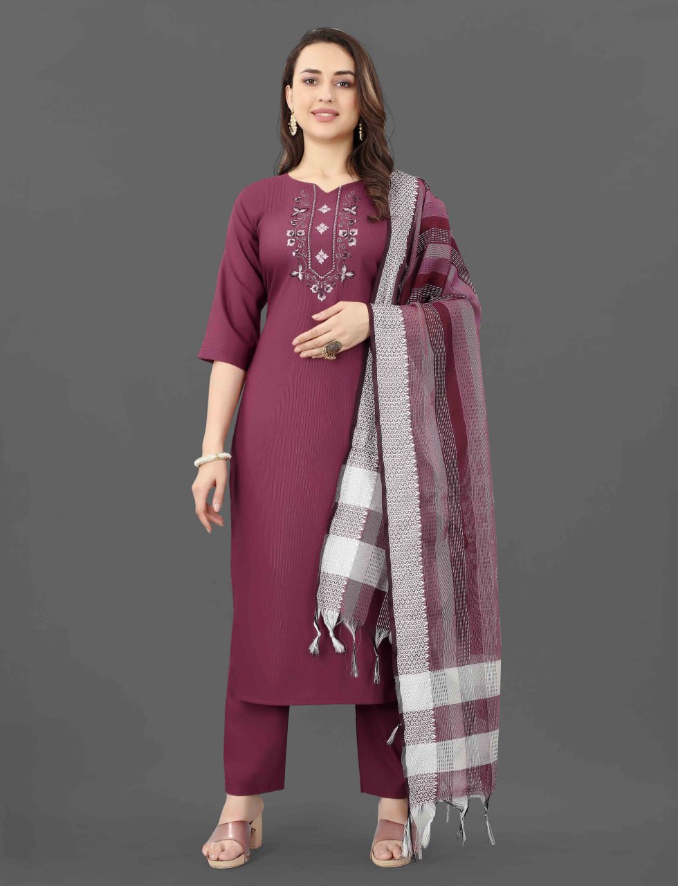 Fully Stitched Cotton Blend Kurta Pant Dupatta Set