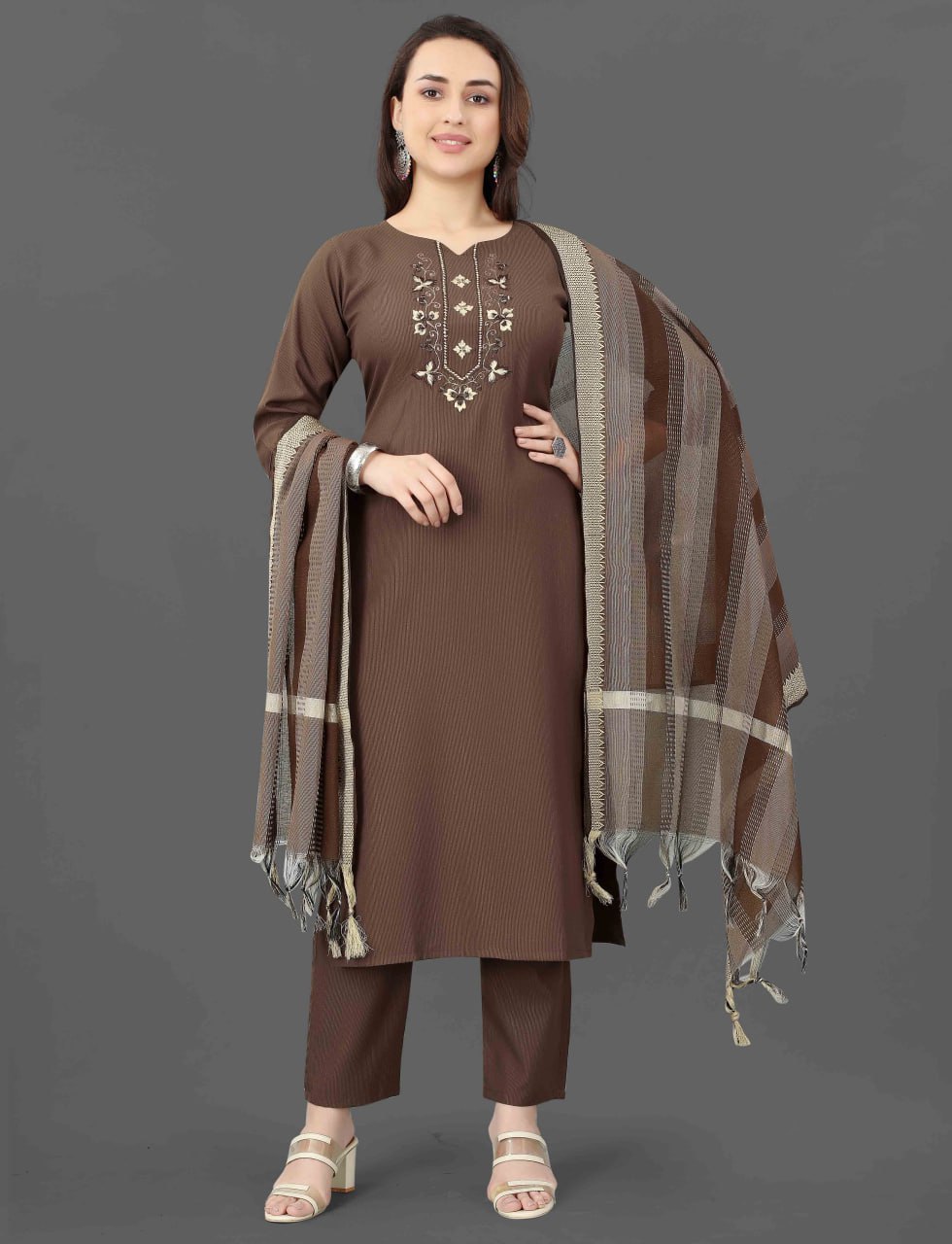Fully Stitched Cotton Blend Kurta Pant Dupatta Set