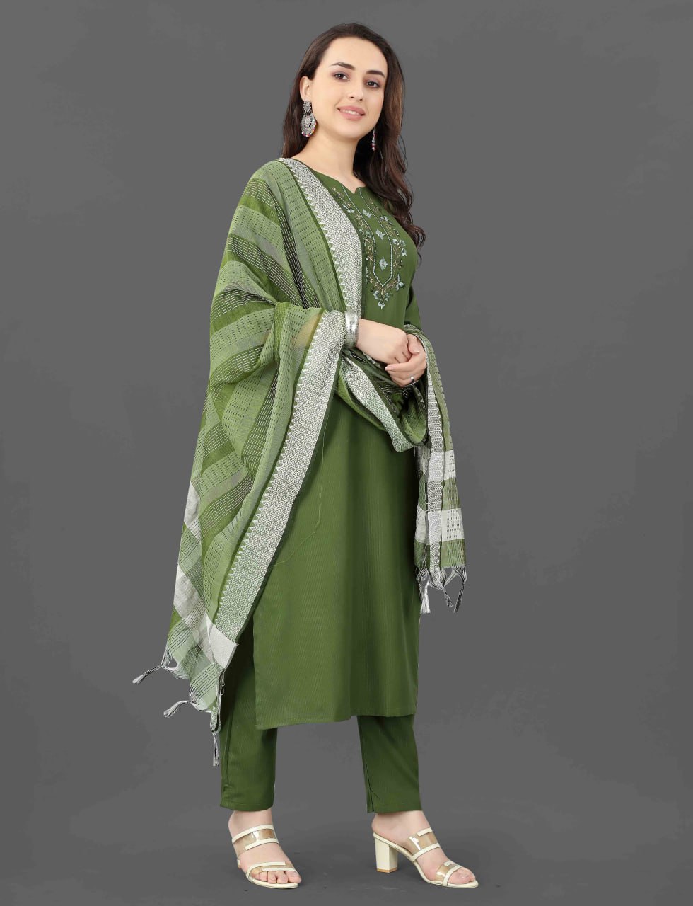 Fully Stitched Cotton Blend Kurta Pant Dupatta Set