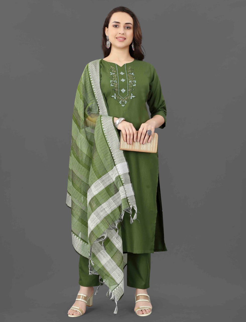 Fully Stitched Cotton Blend Kurta Pant Dupatta Set