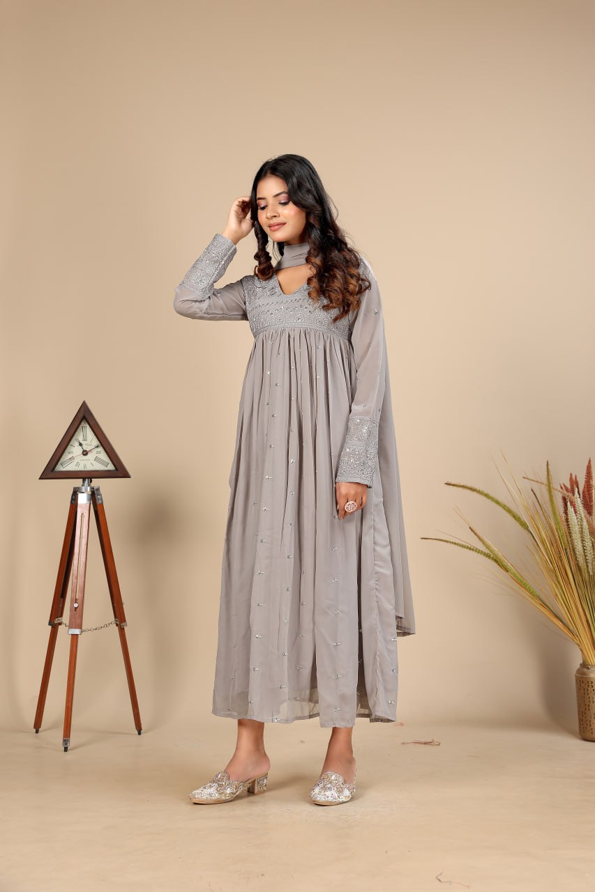 Women Georgette Embroidered Ethnic Gown with Dupatta – Festive Wear Designer Gown