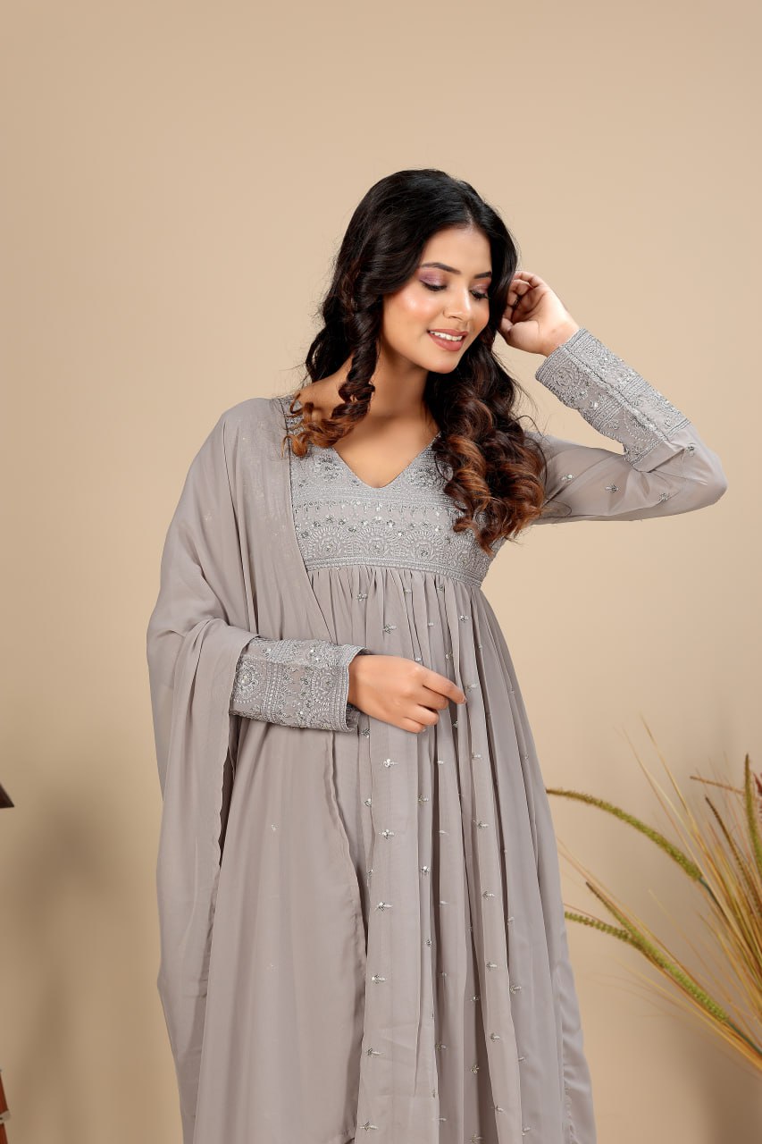 Women Georgette Embroidered Ethnic Gown with Dupatta – Festive Wear Designer Gown