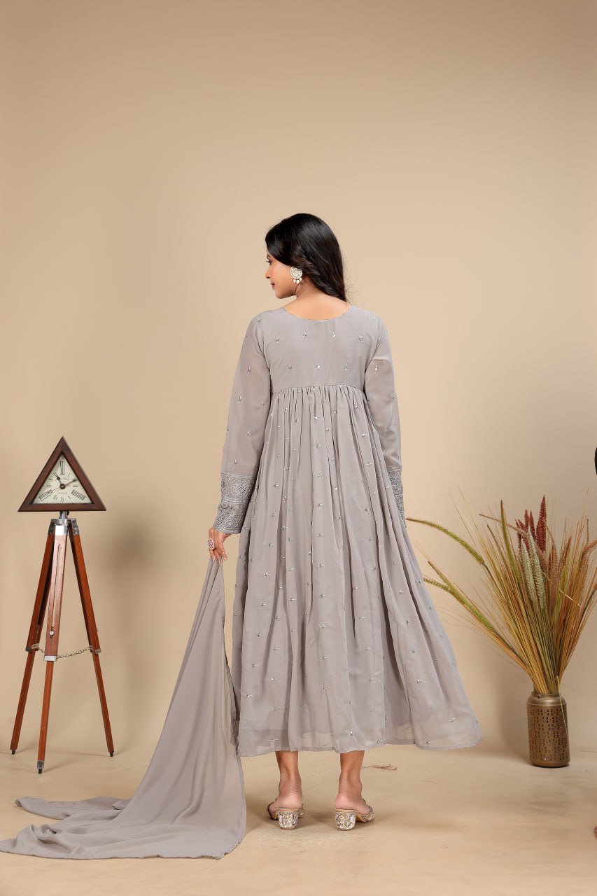 Women Georgette Embroidered Ethnic Gown with Dupatta – Festive Wear Designer Gown