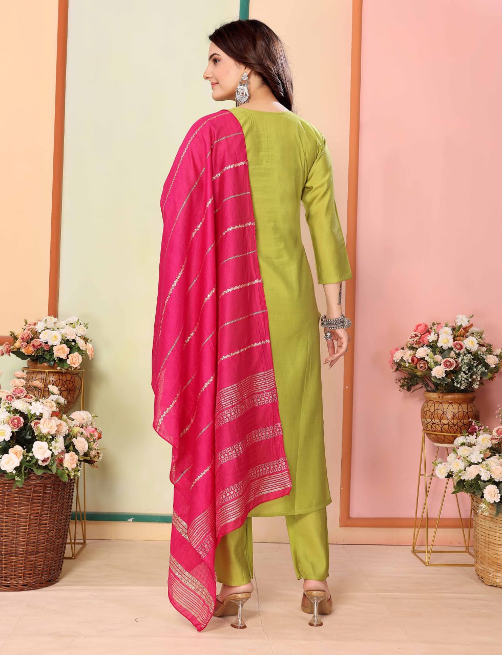 Fully Stitched Silk Kurta, Pant & Chanderi Dupatta Set