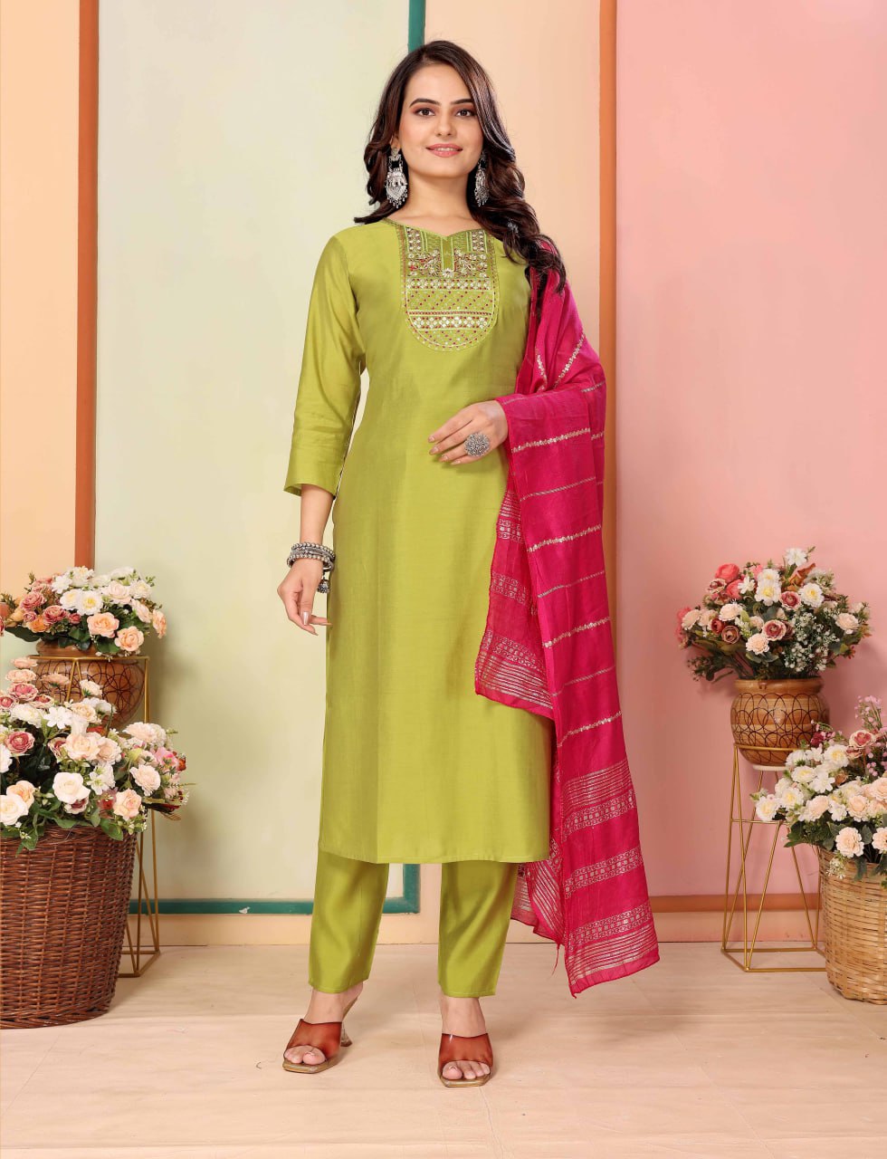 Fully Stitched Silk Kurta, Pant & Chanderi Dupatta Set