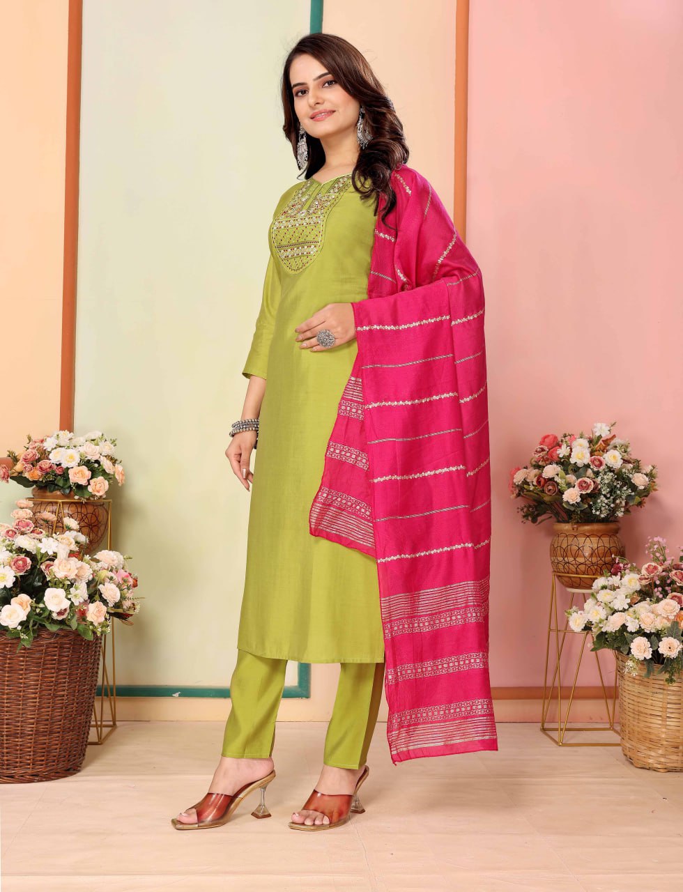 Fully Stitched Silk Kurta, Pant & Chanderi Dupatta Set