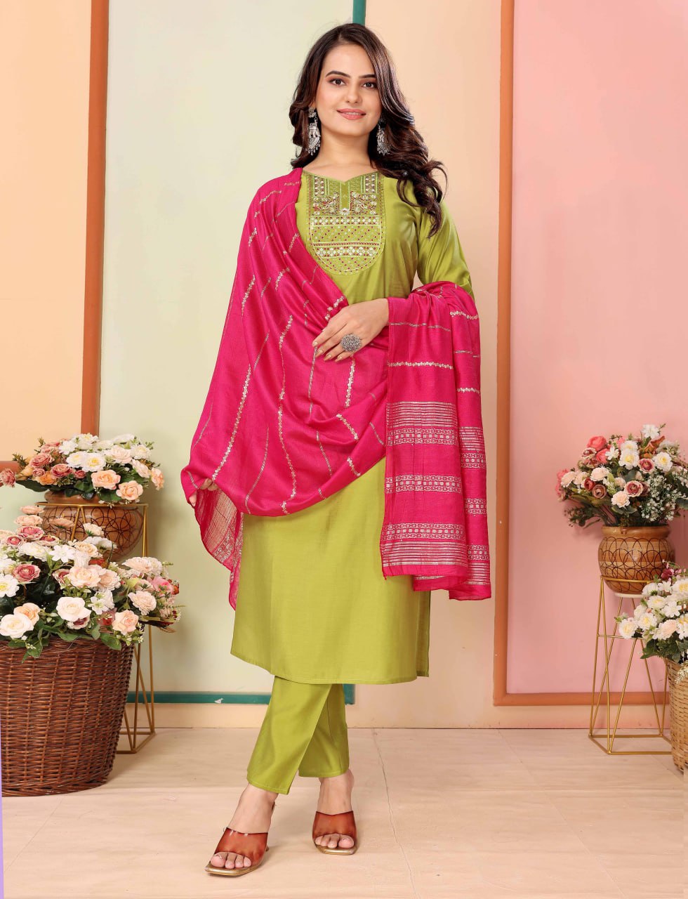 Fully Stitched Silk Kurta, Pant & Chanderi Dupatta Set