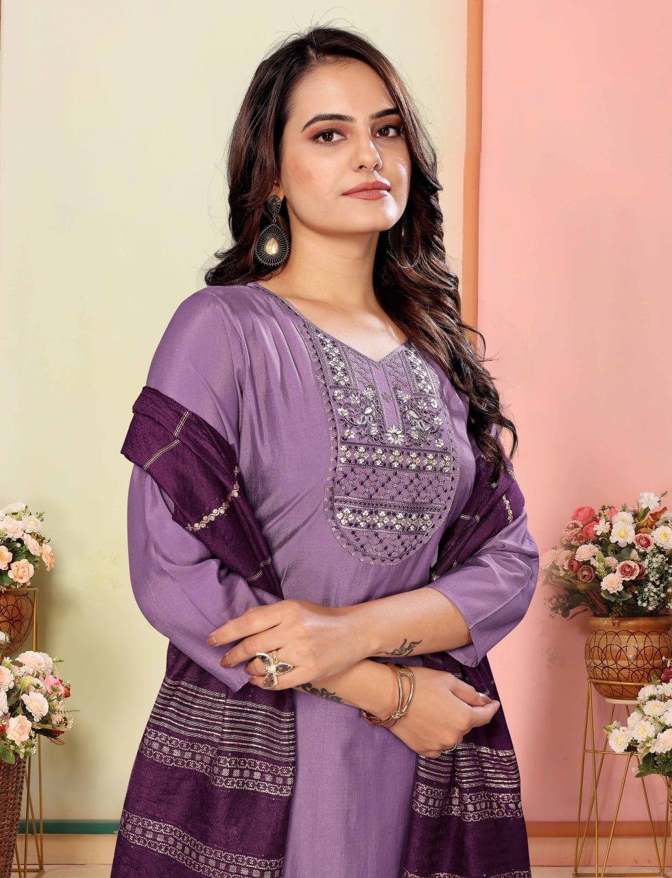 Fully Stitched Silk Kurta, Pant & Chanderi Dupatta Set
