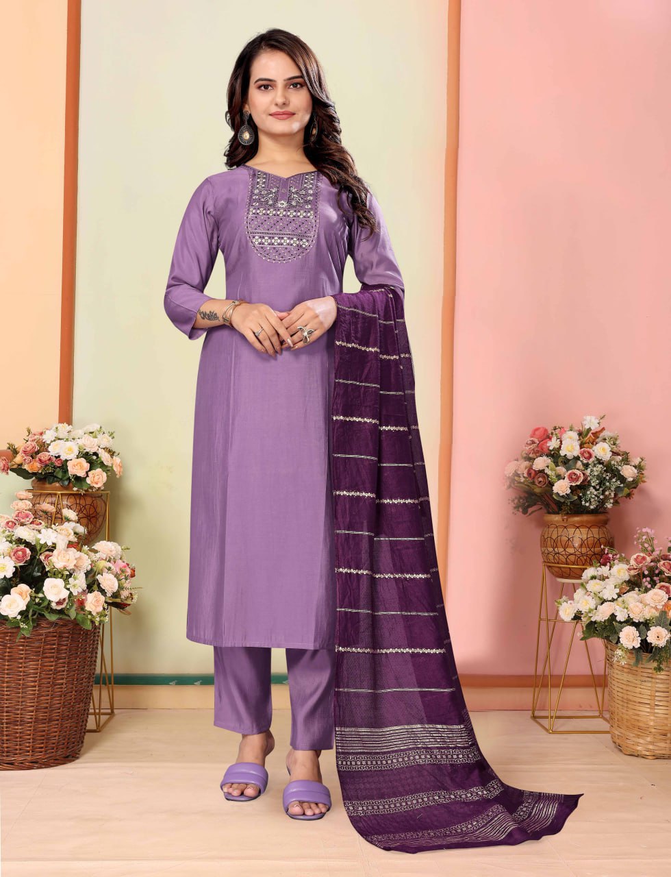 Fully Stitched Silk Kurta, Pant & Chanderi Dupatta Set