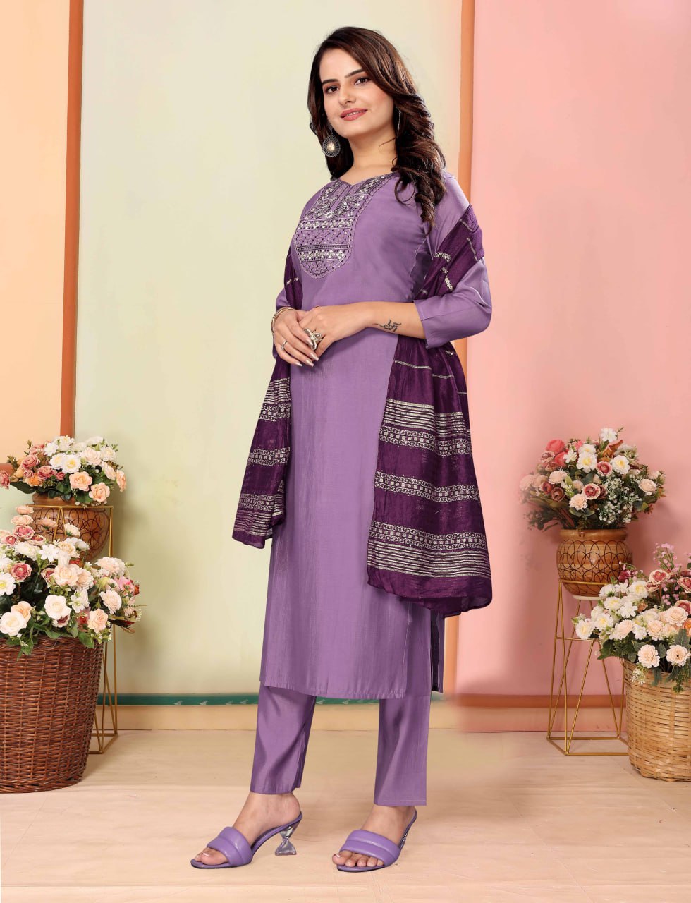 Fully Stitched Silk Kurta, Pant & Chanderi Dupatta Set