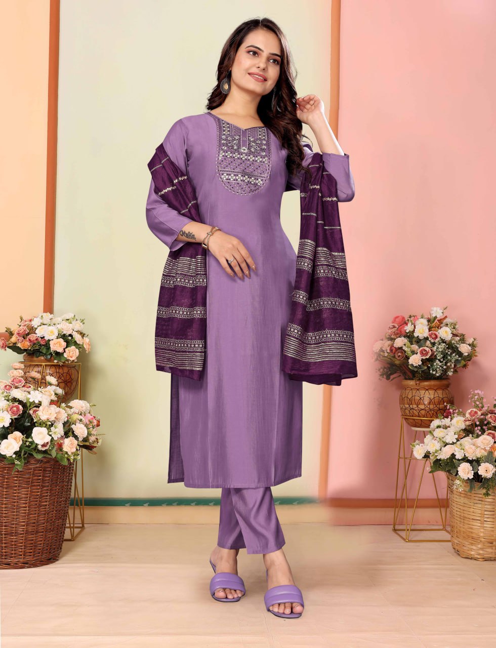 Fully Stitched Silk Kurta, Pant & Chanderi Dupatta Set