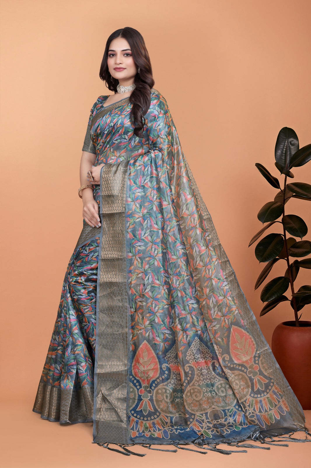 Grey & Multicolor Soft Silk Saree with Ethnic Pallu, Zari-Style Border & Designer Blouse Piece