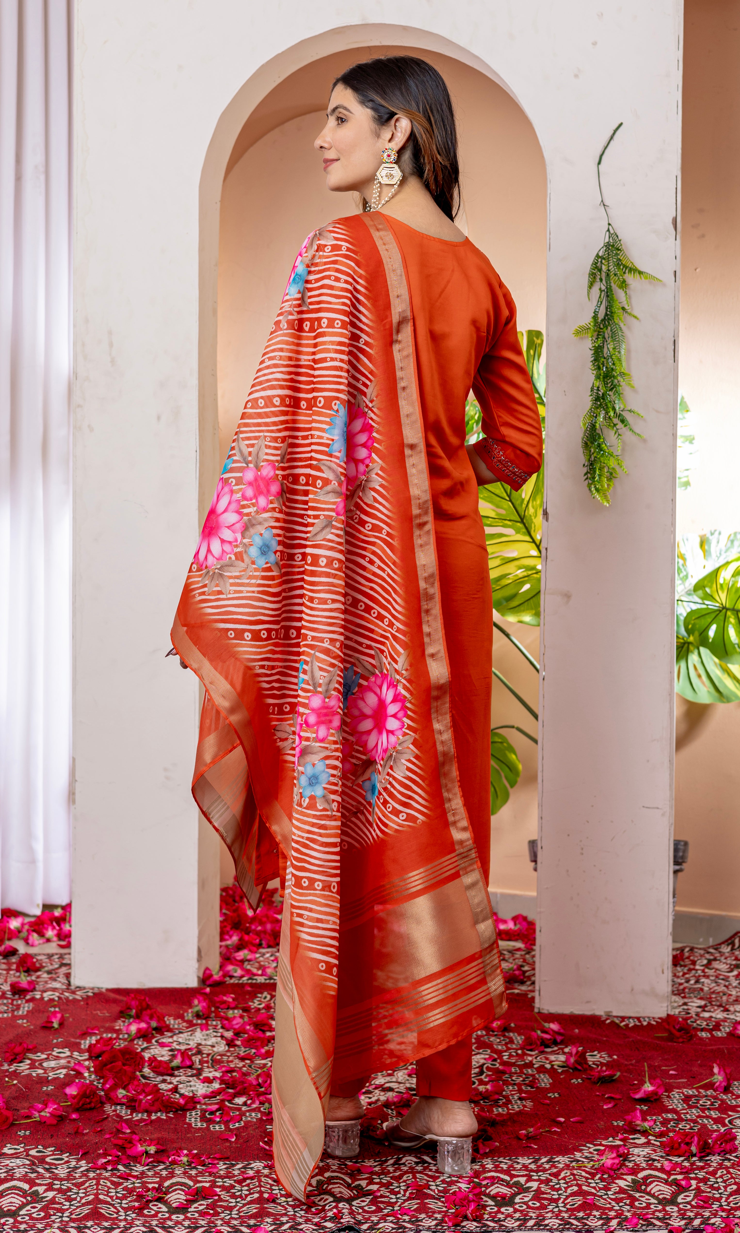 Embroidered Straight Kurti Pant Dupatta Set in Marina Viscose Silk – 3 Piece Ethnic Suit